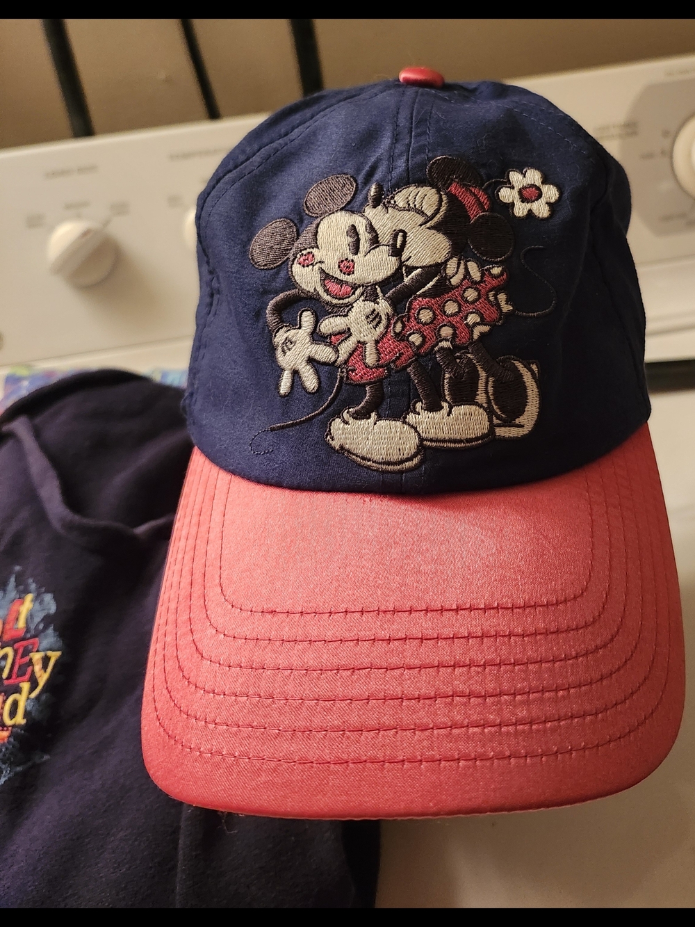 Vintage Mickey & Minnie Embroidered Navy and Coral Baseball Cap